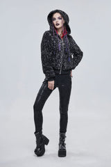 Black/White Two Tone Woolen Grain Fleece Metal Five Pointed Star Zipper Women's Punk Coat - Product - 4