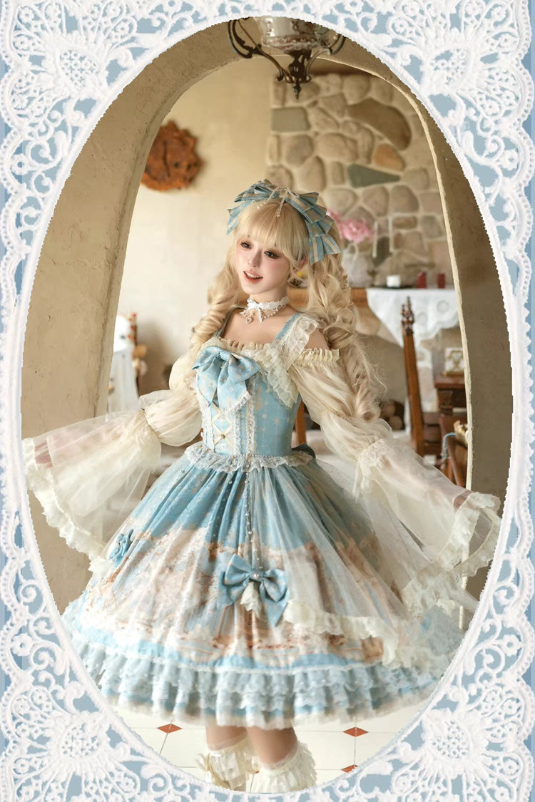 Blue [Unicorn] Print Sleeveless Multi-Layered Embroidery Bowknot Lace Sweet Lolita Jsk Dress - Product - 13