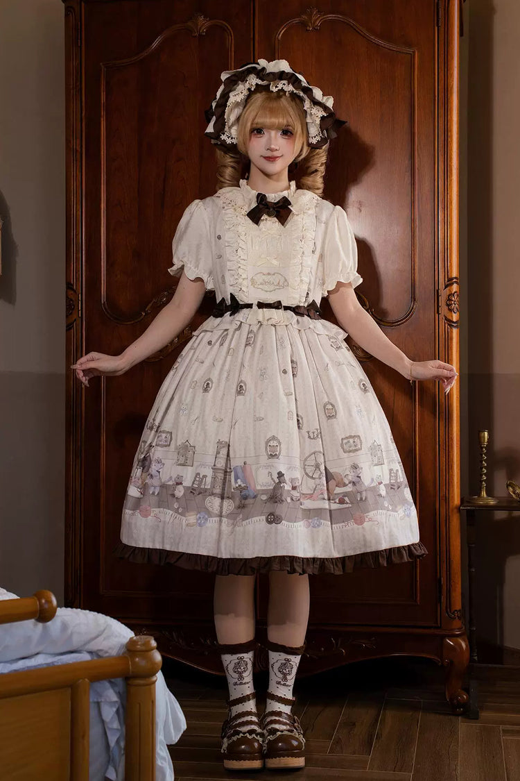 Ivory [Forest Tailor Shop] Stand Collar Short Sleeves Printed Ruffled Bow Sweet Lolita Dress - Ivory - 1