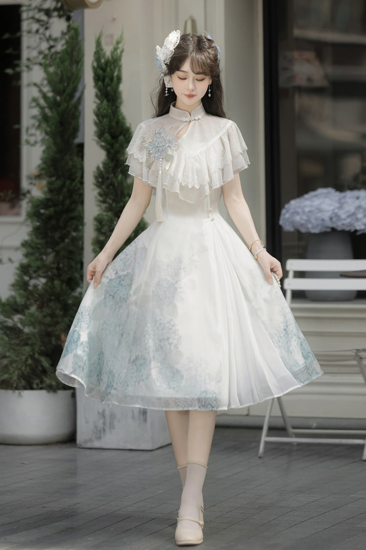 White [Hydrangea Message] Short Sleeves Print Ruffle Lace Sweet Chinese Style Elegant Lolita Short Dress - Product - 3