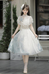 White [Hydrangea Message] Short Sleeves Print Ruffle Lace Sweet Chinese Style Elegant Lolita Short Dress - Product - 3