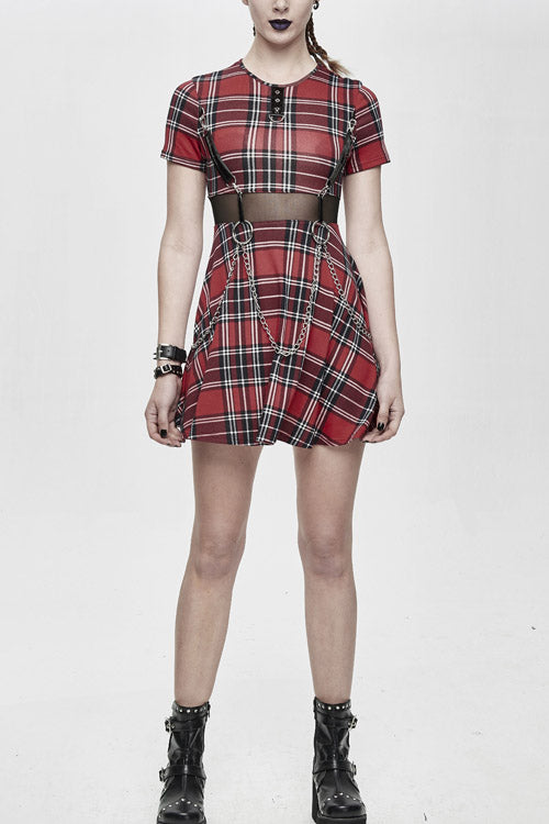 Red Plaid Mesh Stretchy Mid Length Scottish With Chains Gothic Womens Dress - Red - 1
