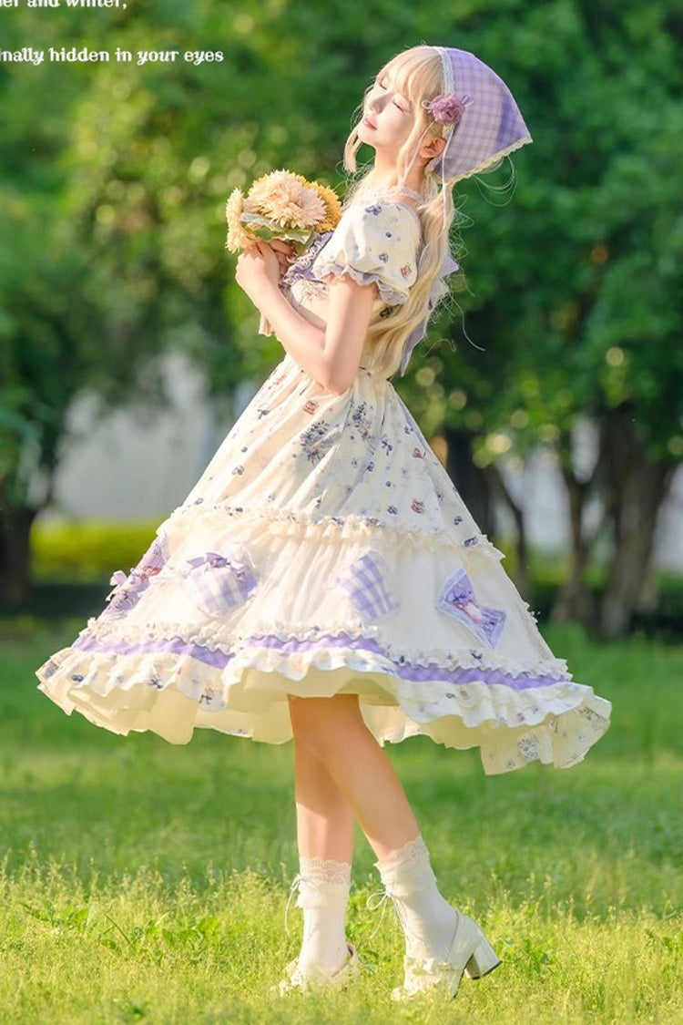Purple/Ivory Blueberry Pie Print Short Sleeves Ruffle Bowknot Sweet Lolita Dress - Product - 7