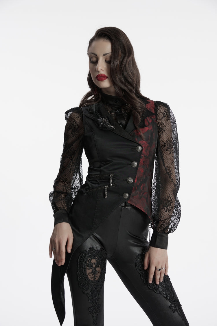 Black V Collar Sleeveless Embroidery Lace Asymmetric Women's Gothic Vest - Product - 3