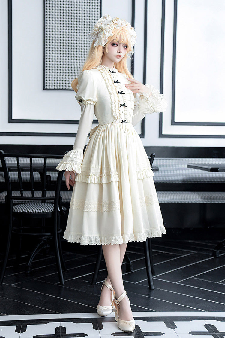 Ivory [Birch Appointment] Stand Collar Long Puff Sleeves Ruffle Bowknot Sweet Lolita Dress - Product - 6