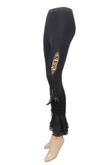 Black Side Hollow Out Lace Up Slit Lace Hem Gothic Womens Pants - Product - 9