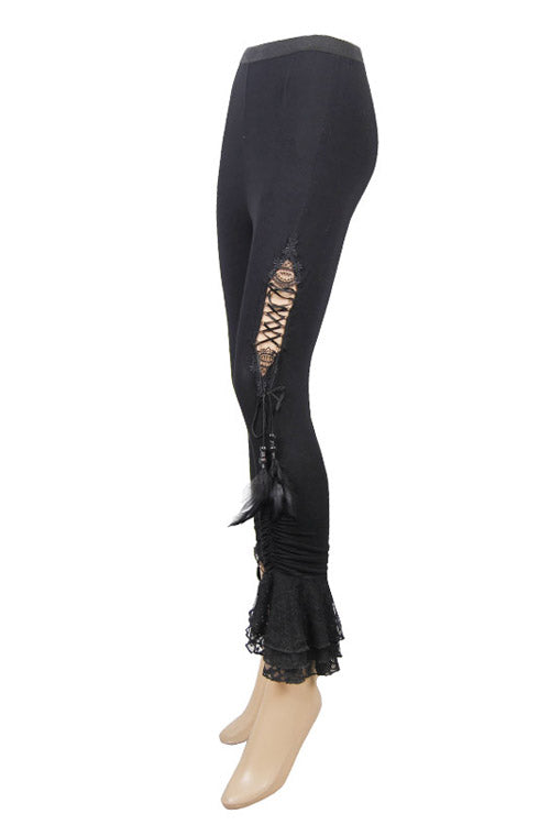 Black Side Hollow Out Lace Up Slit Lace Hem Gothic Womens Pants - Product - 9