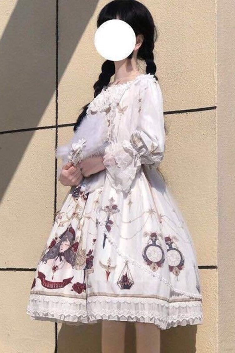 White Lace Ruffled Princess Print Sweet Lolita OP Dress - Product - 2