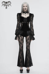 Black Front Chest Decals Lantern Sleeve Lace Cuff Back Lace-Up Knitted Velvet Women's Gothic T-Shirt - Product - 4