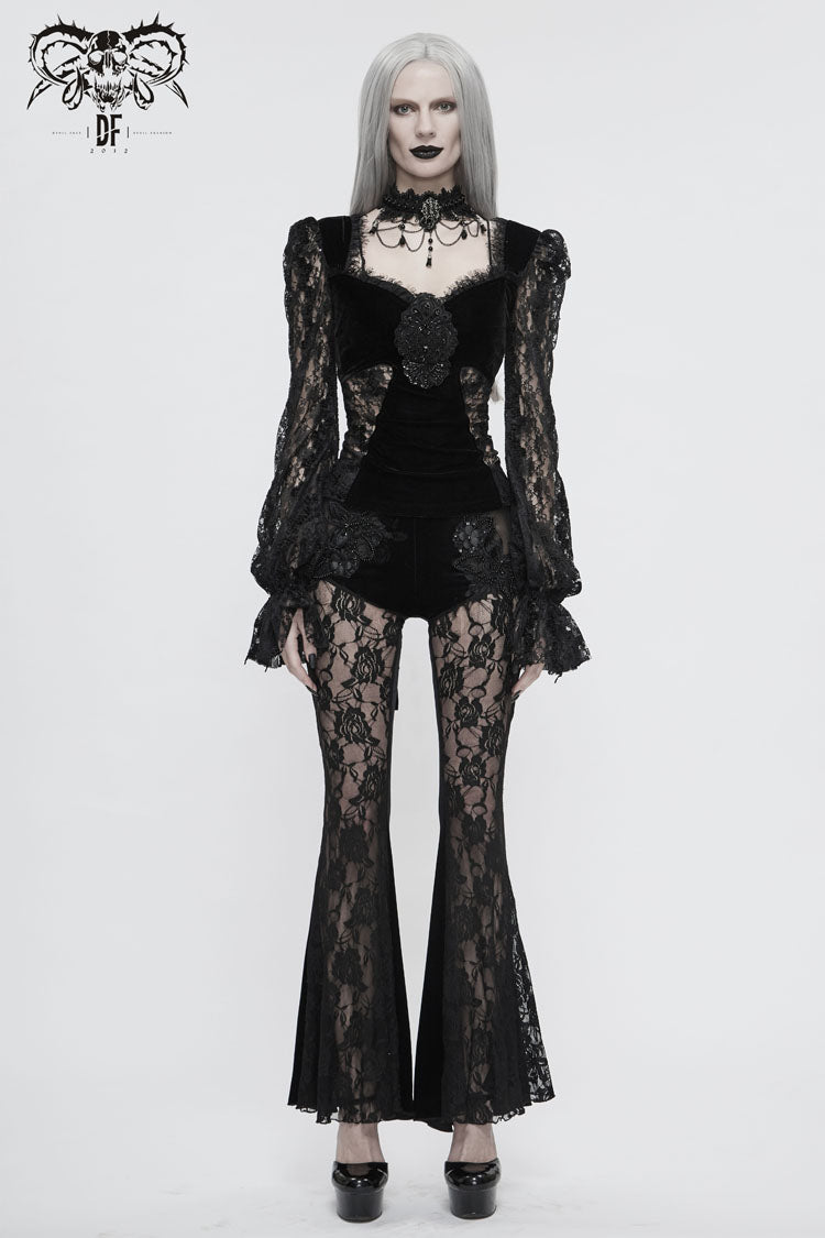 Black Front Chest Decals Lantern Sleeve Lace Cuff Back Lace-Up Knitted Velvet Women's Gothic T-Shirt - Product - 4