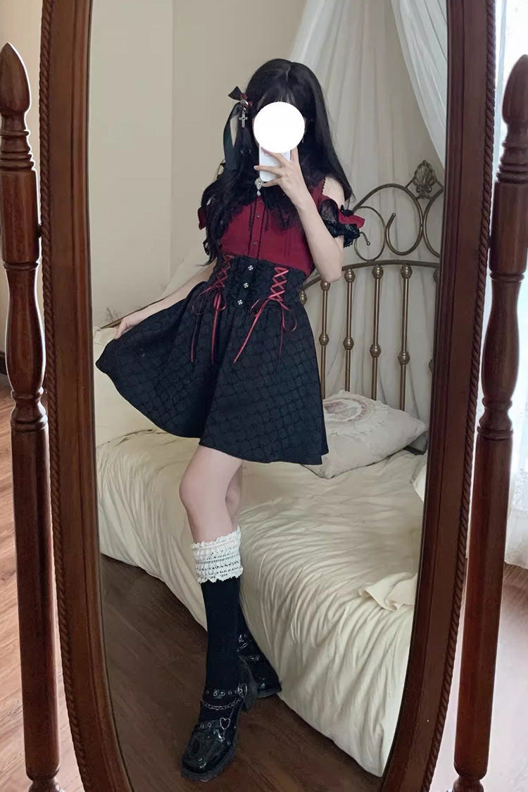 Black/Red [Overture to the Dead] Off Shoulder Short Sleeves Ruffle Bowknot Lace-Up Gothic Jirai Kei Japanese Skirt Set - Product - 2