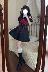 Black/Red [Overture to the Dead] Off Shoulder Short Sleeves Ruffle Bowknot Lace-Up Gothic Jirai Kei Japanese Skirt Set - Product - 2