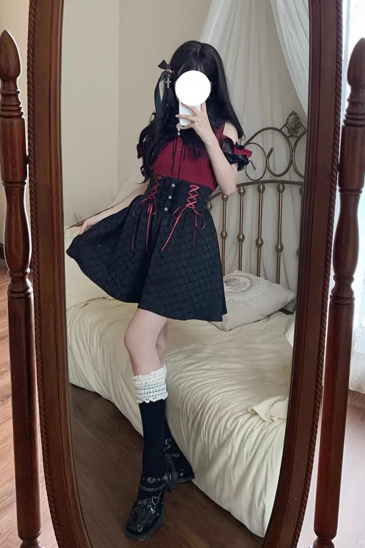 Black/Red [Overture to the Dead] Off Shoulder Short Sleeves Ruffle Bowknot Lace-Up Gothic Jirai Kei Japanese Skirt Set - Product - 2