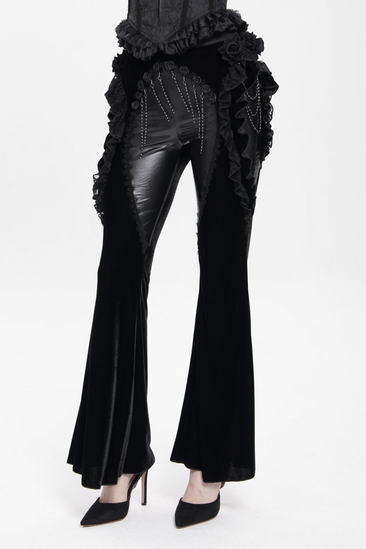 Black Ruffled Spliced Women's Gothic Floral Faux Leather&Velvet Ruffle Pants - Product - 11