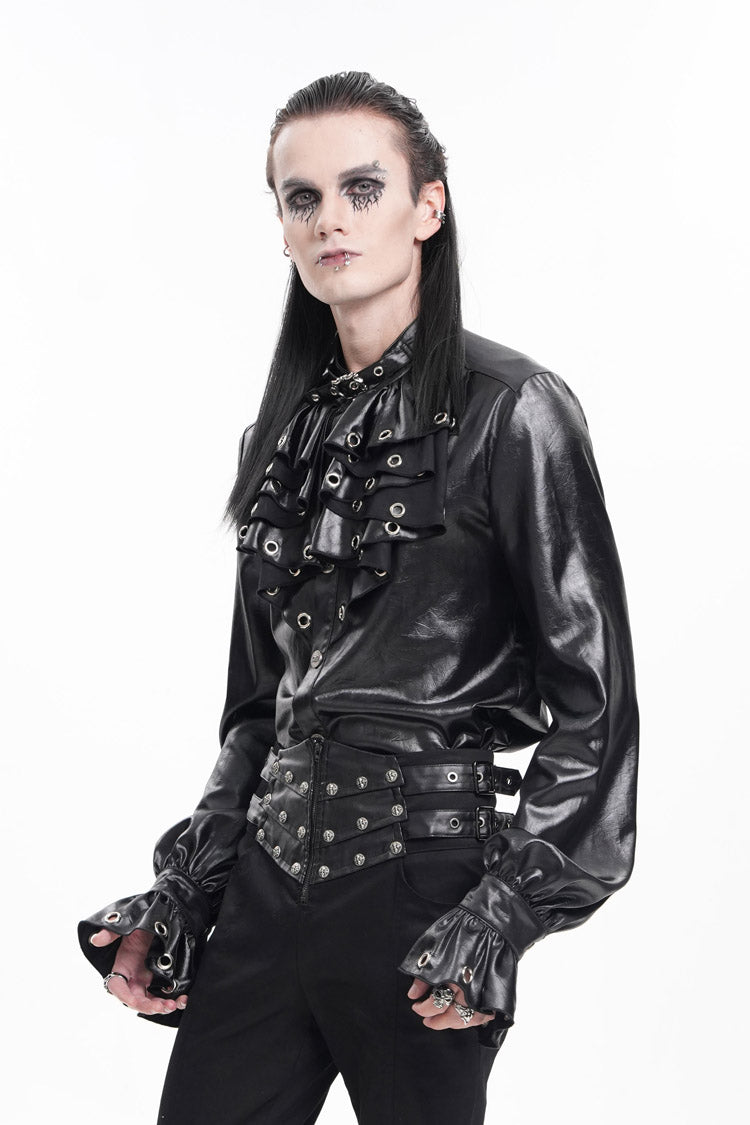 Black Long Sleeves Eyelets Buckle Men's Gothic Blouse - Product - 8