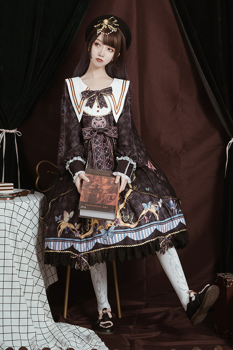 Black Navy Collar Long Sleeves Butterfly Print Ruffle Bowknot Gothic Elegant Princess Lolita Dress - Product - 4
