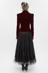 Red Stand Collar Velvet Applique On Chest Pendant Zipper Long Sleeve Women's Gothic Jacket - Product - 5