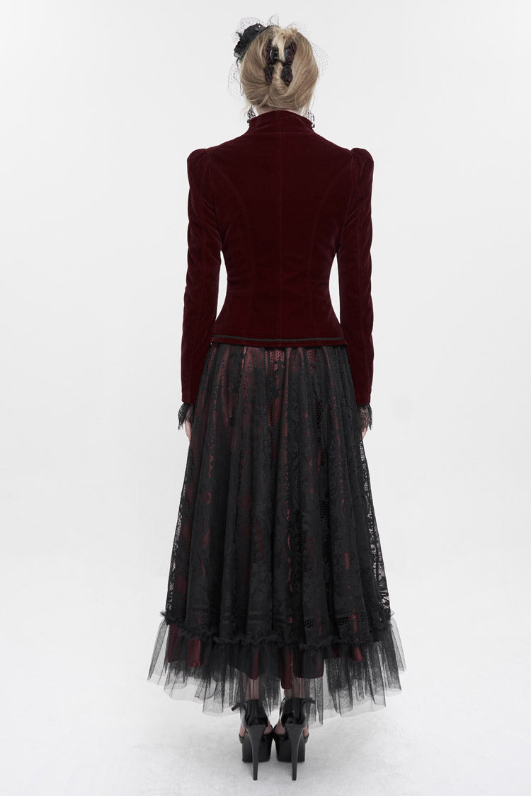 Red Stand Collar Velvet Applique On Chest Pendant Zipper Long Sleeve Women's Gothic Jacket - Product - 5