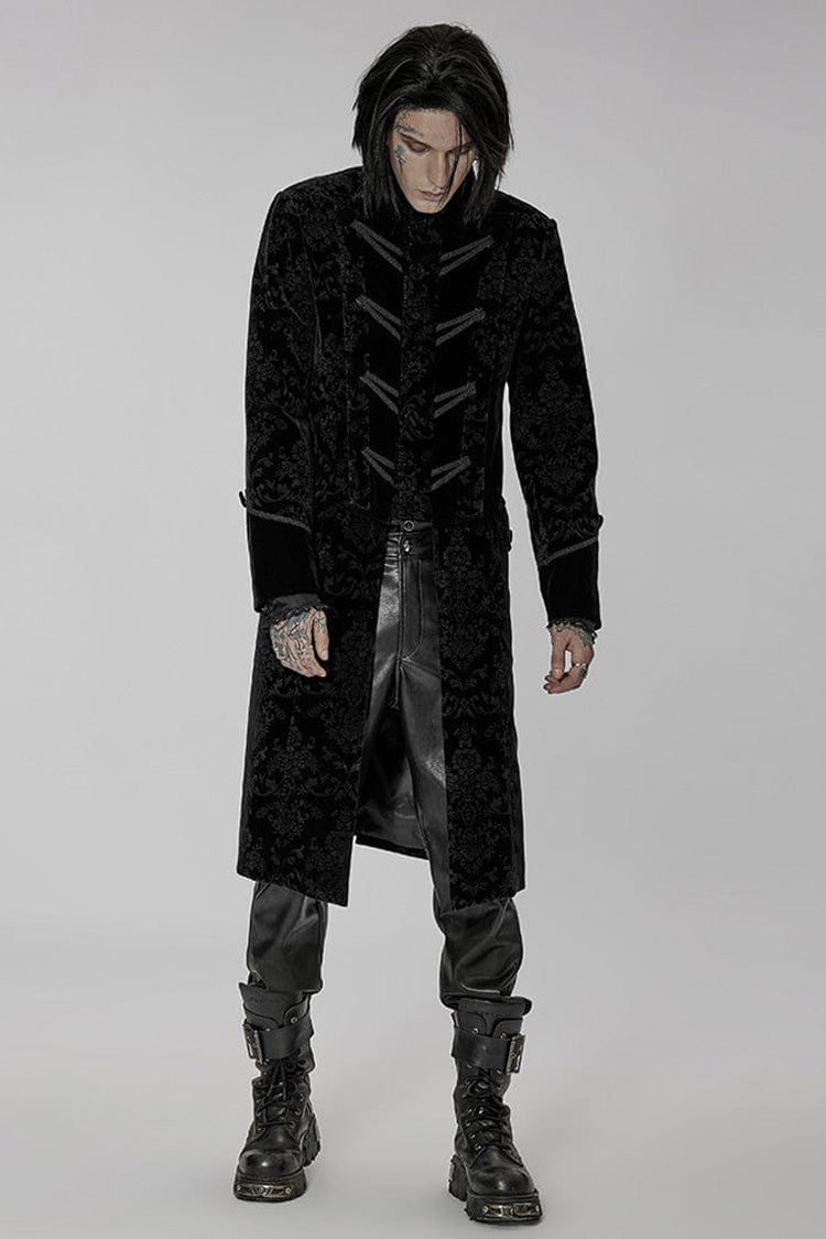 Black Punk Weft Velveteen Print Splicing Stand Collar Lacework Decorate Long Men's Coat - Product - 3