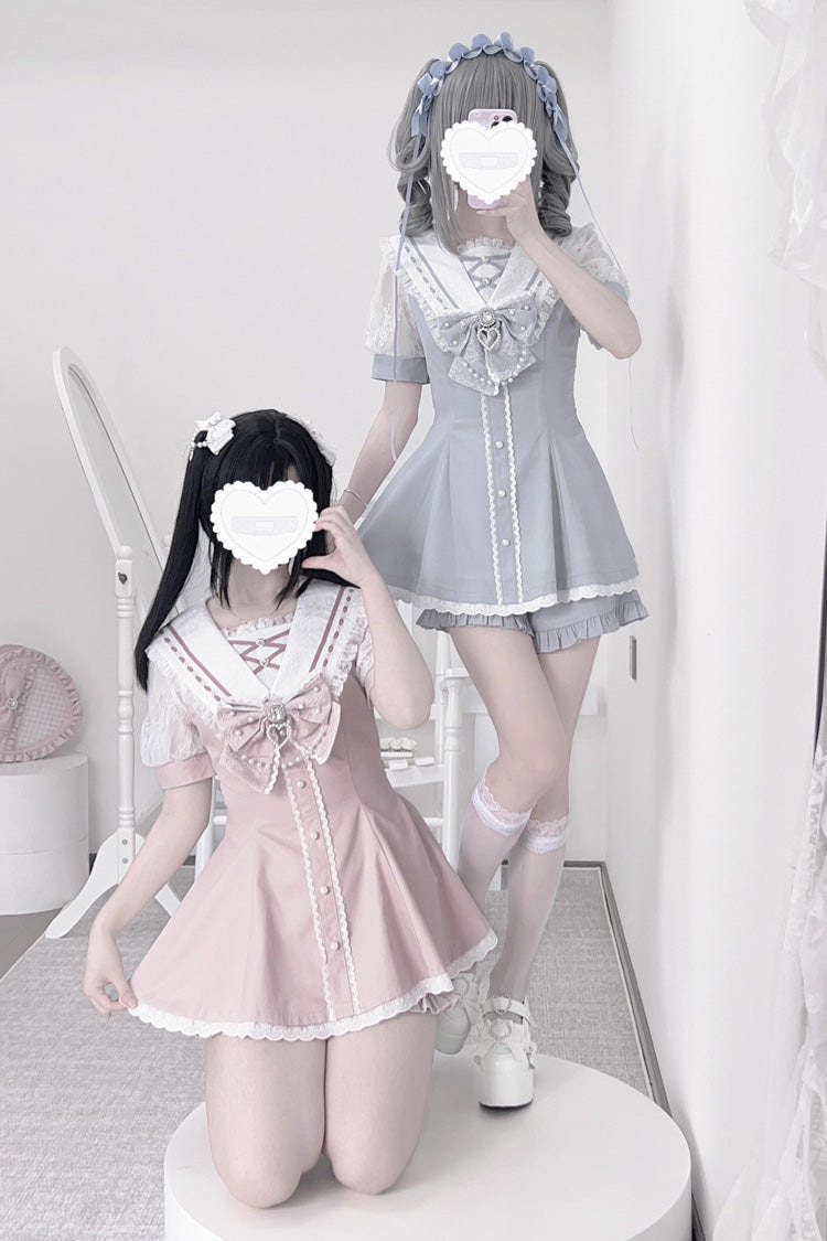 Sweet Short Sleeves Print Bowknot Jirai Kei Japanese Dress Set 3 Colors - Product - 6