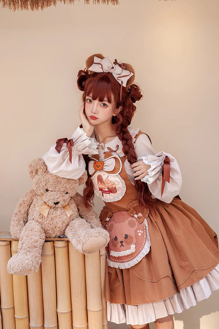 Brown Cookie Bear Multi-layer Print Ruffle Bowknot Sweet Lolita Dress - Product - 2