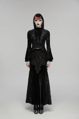 Black Stand Collar Long Trumpet Sleeves Jacquard Printed Lace Lace-Up Slim Pearl-Decorated Women's Gothic Palace Blouse - Product - 2