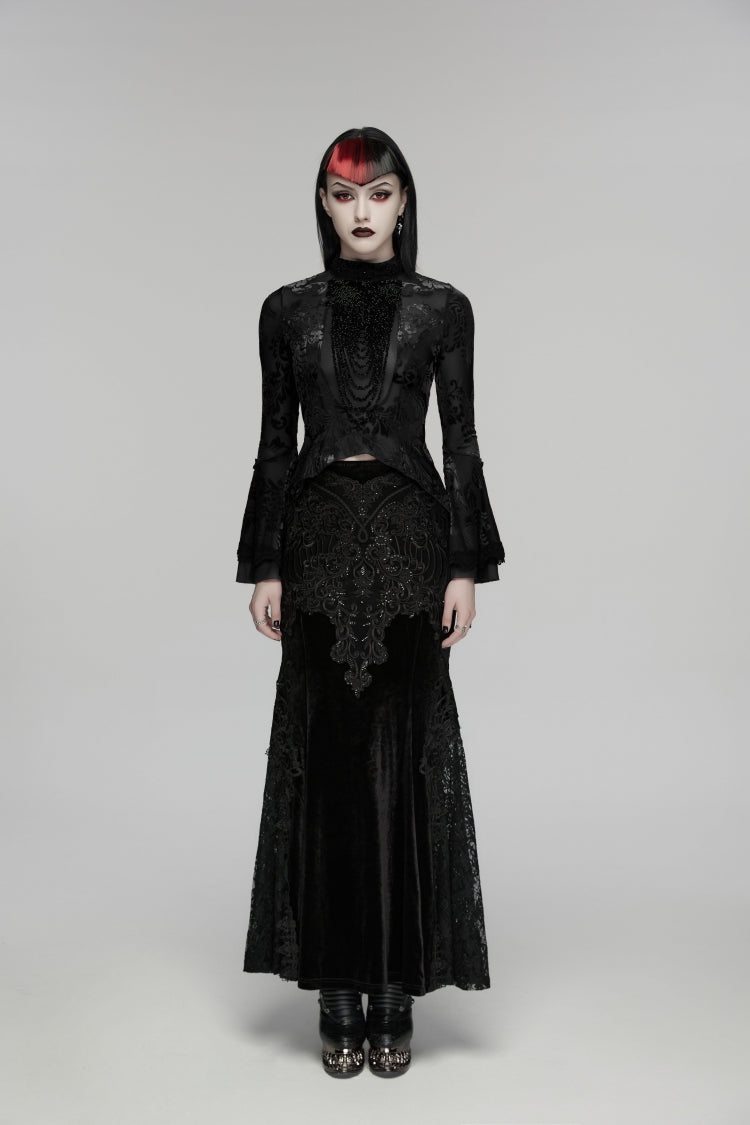 Black Stand Collar Long Trumpet Sleeves Jacquard Printed Lace Lace-Up Slim Pearl-Decorated Women's Gothic Palace Blouse - Product - 2
