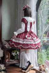 Red [Gingham Petal Bunny] Short Sleeves Printed Ruffled Bow Sweet Lolita OP Dress - Product - 14