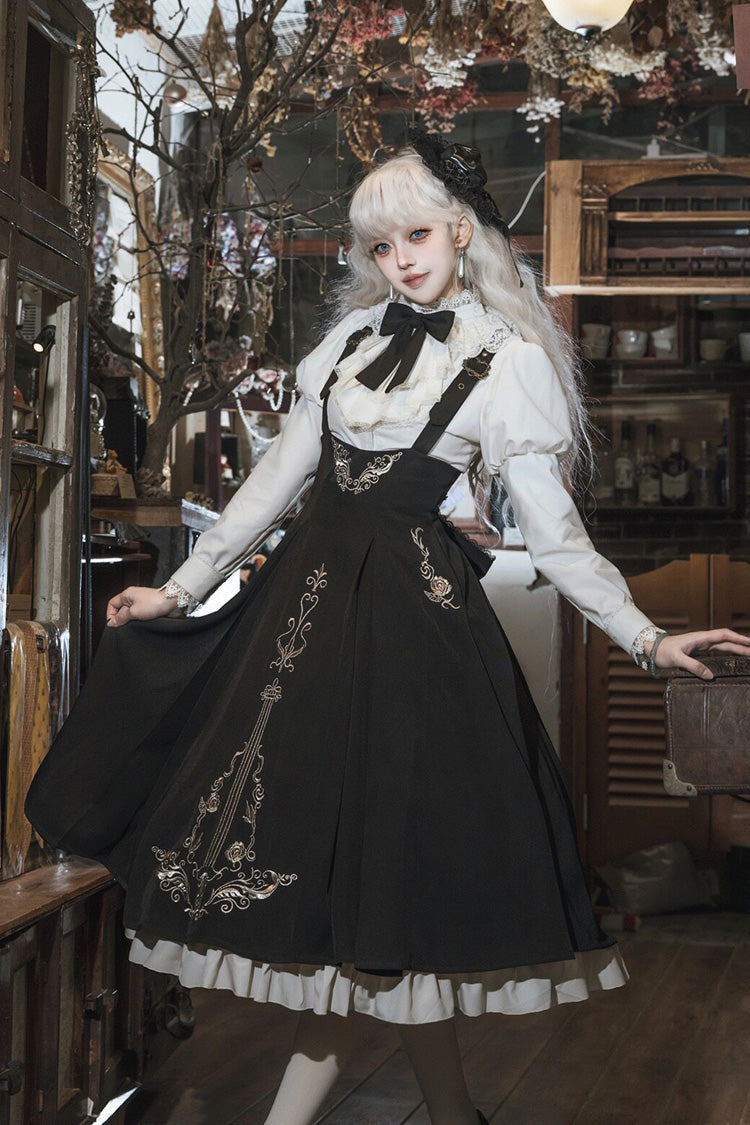 Black/White [Violin Variations] Ruffled Embroidered Gothic Lolita Jumper Dress Set - Product - 9