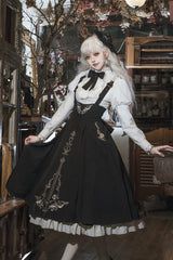 Black/White [Violin Variations] Ruffled Embroidered Gothic Lolita Jumper Dress Set - Product - 9