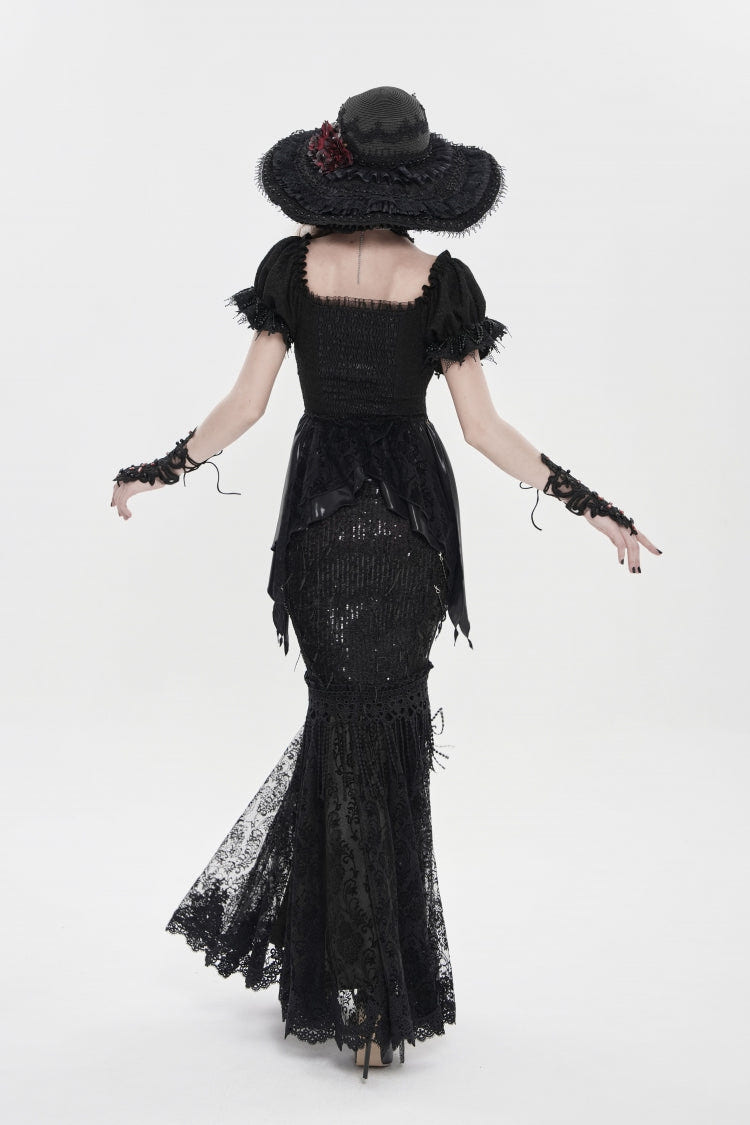 Black Double-Layered Embroidered Lace Slim Pearl-Decorated Women's Gothic Skirt - Product - 2