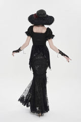 Black Double-Layered Embroidered Lace Slim Pearl-Decorated Women's Gothic Skirt - Product - 2
