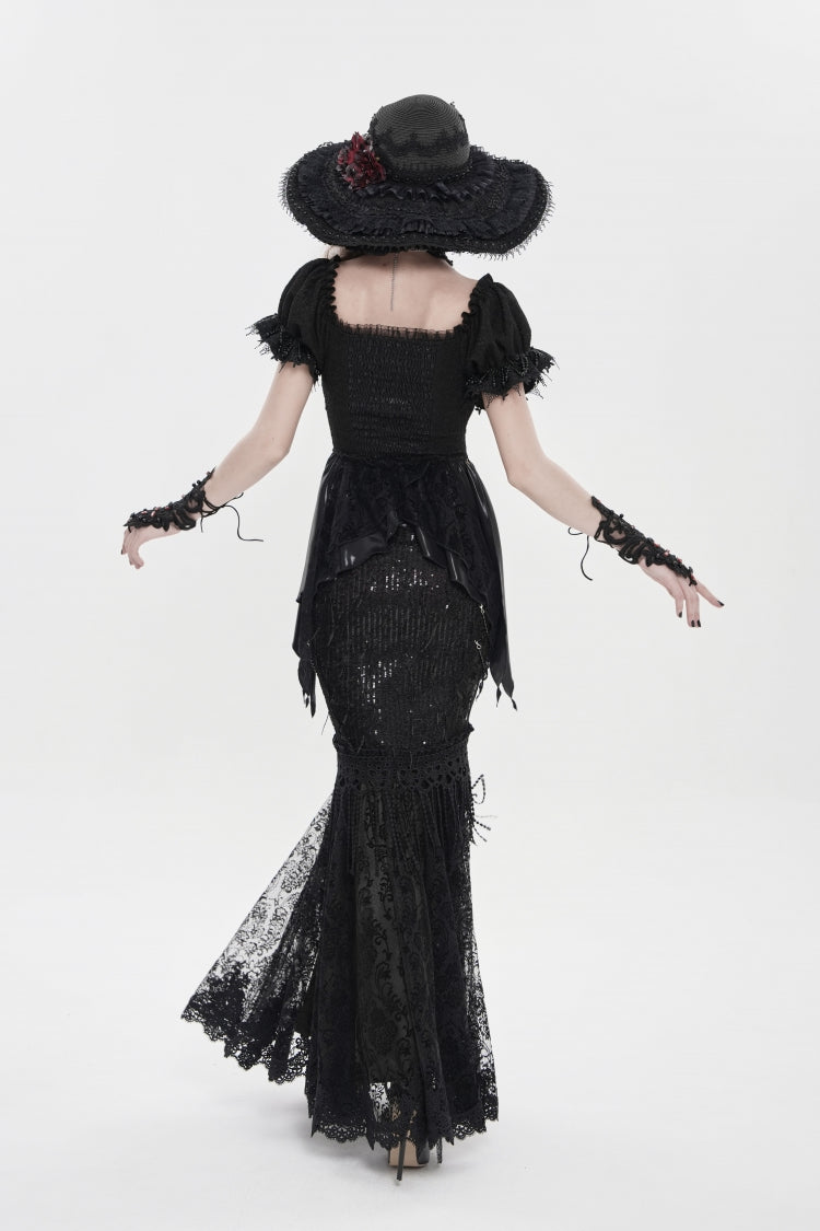 Black Double-Layered Embroidered Lace Slim Pearl-Decorated Women's Gothic Skirt - Product - 2