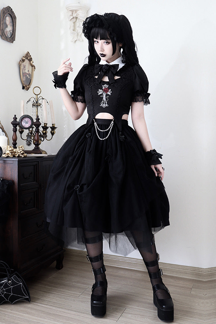 Black Rose Embroidered Cutout Top Irregular Short Sleeves Gothic Lolita Dress Set - Product - 8