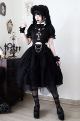 Black Rose Embroidered Cutout Top Irregular Short Sleeves Gothic Lolita Dress Set - Product - 8
