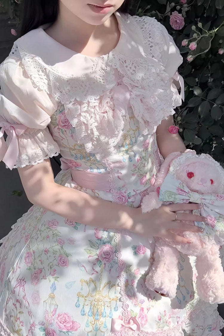 White/Pink Sleeveless Flower Wall Print Ruffle Bowknot Lace Sweet Lolita Jsk Dress - Product - 12