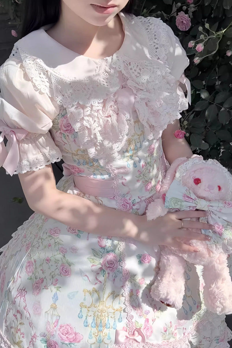White/Pink Sleeveless Flower Wall Print Ruffle Bowknot Lace Sweet Lolita Jsk Dress - Product - 12