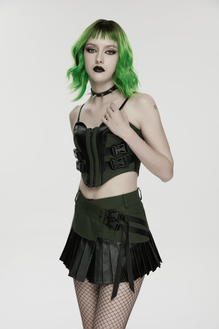 Black/Green Spliced Lace Lace-Up Slim Color-Blocked Zippered Women's Punk Cool Corset - Product - 10