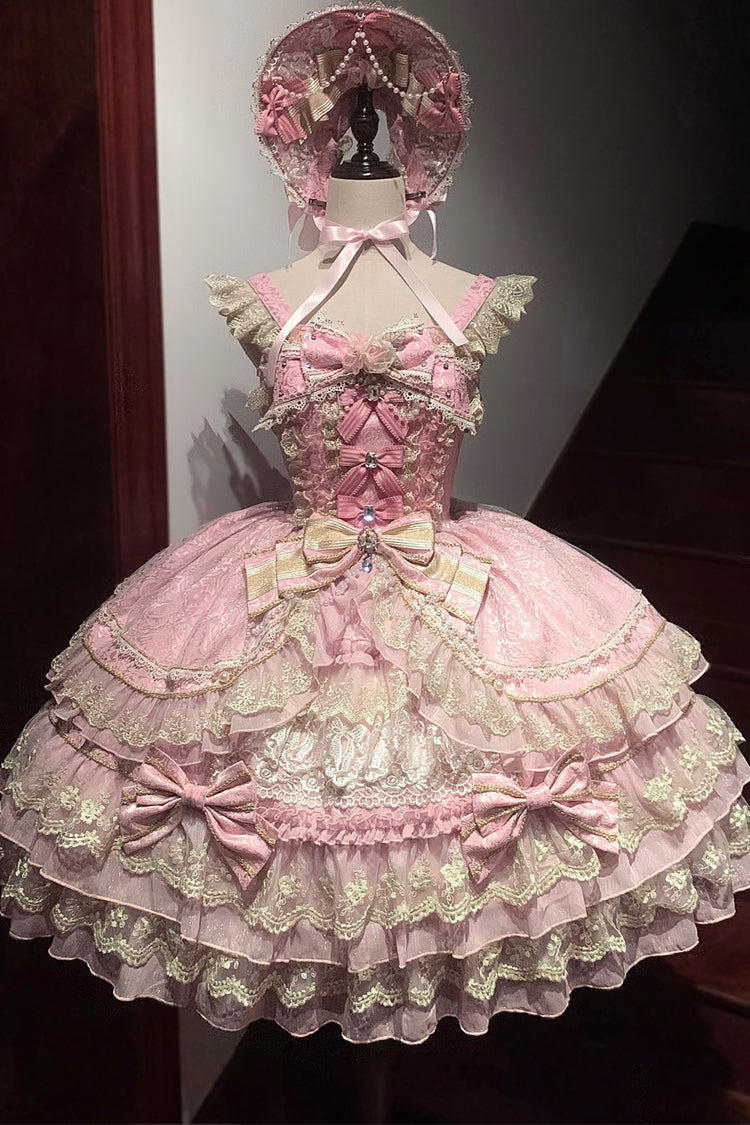 Pink [Crown of Gems] Triple-Layered Ruffle Bowknot Lace Sweet Gorgeous Lolita Jsk Dress - Product - 3