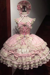 Pink [Crown of Gems] Triple-Layered Ruffle Bowknot Lace Sweet Gorgeous Lolita Jsk Dress - Product - 3