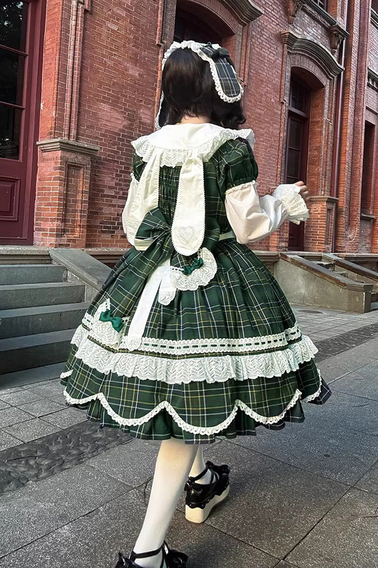 Green [Gingham Petal Bunny] Short Sleeves Printed Ruffled Bow Sweet Lolita OP Dress - Product - 4