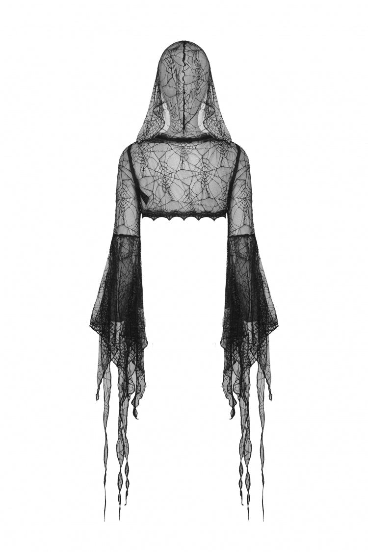 Black Spider Exaggerated Long Flared Sleeves Lace-Up Sheer Women's Gothic Cape with Hood - Product - 14