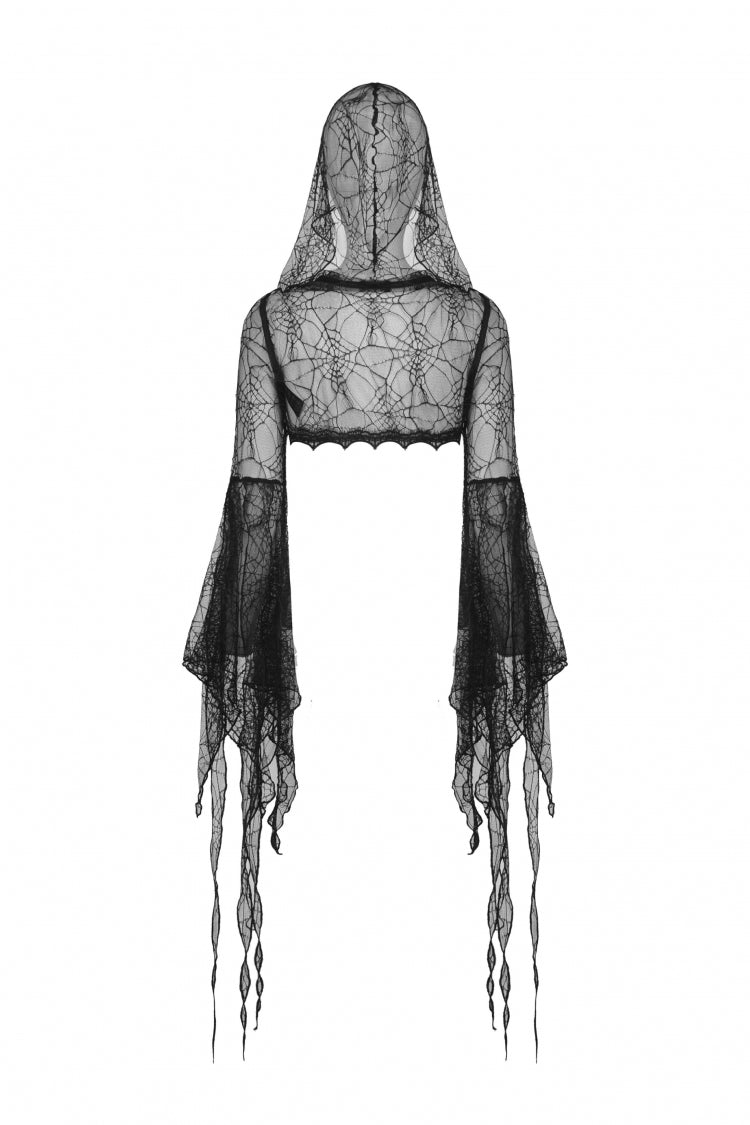 Black Spider Exaggerated Long Flared Sleeves Lace-Up Sheer Women's Gothic Cape with Hood - Product - 14