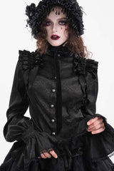 Black Long Sleeves Print Ruffle Lace Women's Gothic Blouse - Black - 1