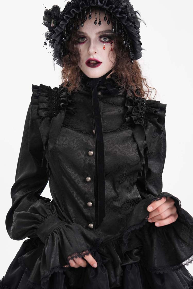 Black Long Sleeves Print Ruffle Lace Women's Gothic Blouse - Black - 1