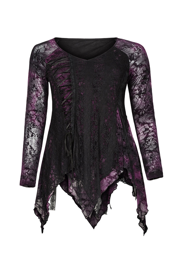 Purple V-Neck Front Splice Rose Lace Mesh Back Waist Lace-Up Irregular Hem Plus Size Knit Women's Gothic T-Shirt - Product - 5