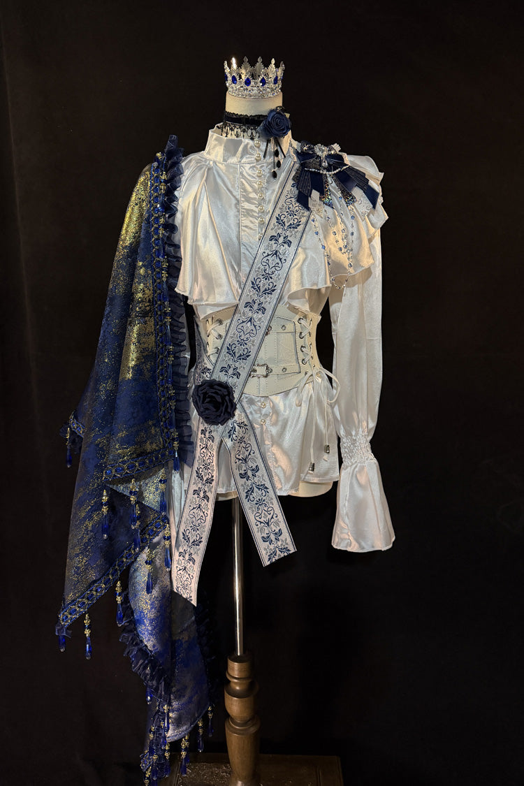 White/Blue [Royal Knight] Stand Collar Long Sleeves Gothic Vintage Cool Lolita Set - White/Blue(Set) - 1