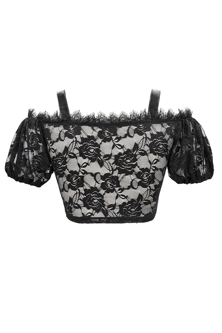 Black/Red Scottish Plaid Off Shoulder Bright Leather Straps Lace Up Lace Women's Punk T-Shirt - Product - 8