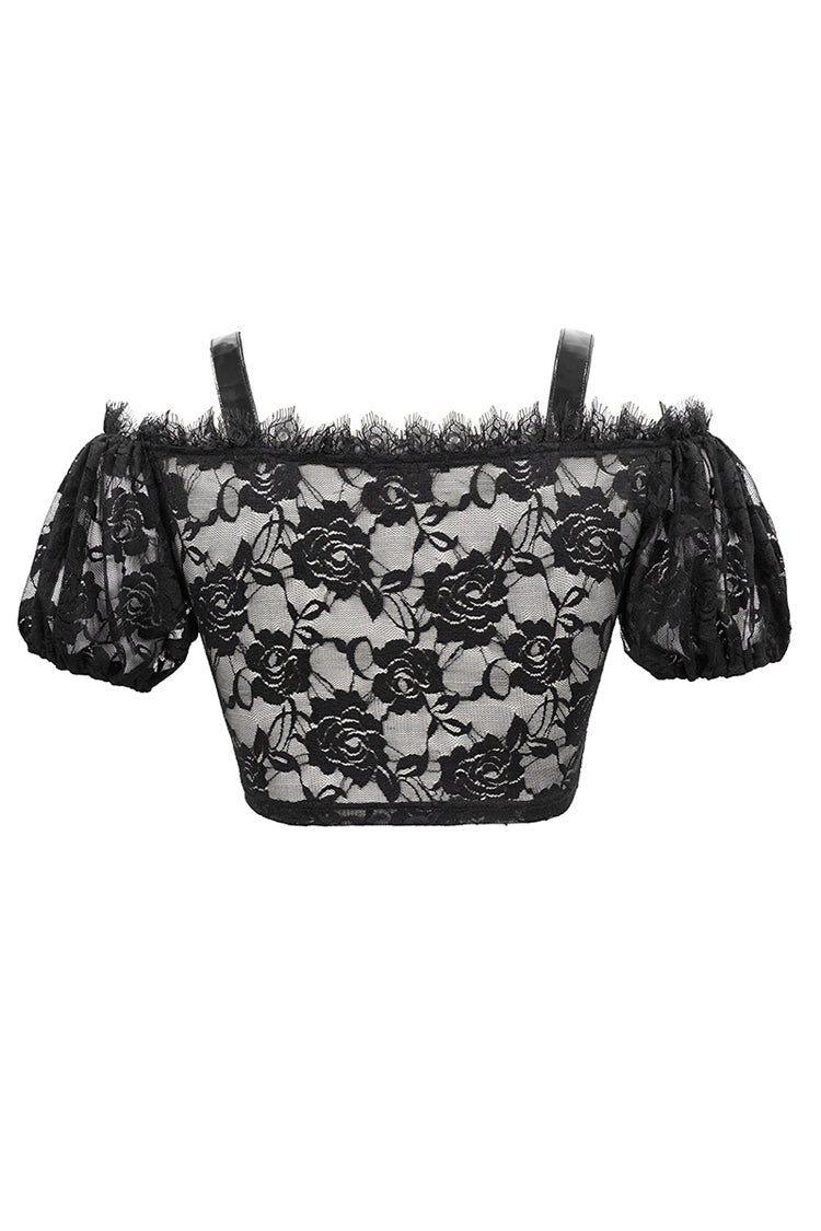 Black/Red Scottish Plaid Off Shoulder Bright Leather Straps Lace Up Lace Women's Punk T-Shirt - Product - 8