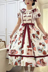 Multi-Color Strawberry Bowknot Print Short Sleeves Long Version Sweet Lolita Dress - Multi-Color - 1